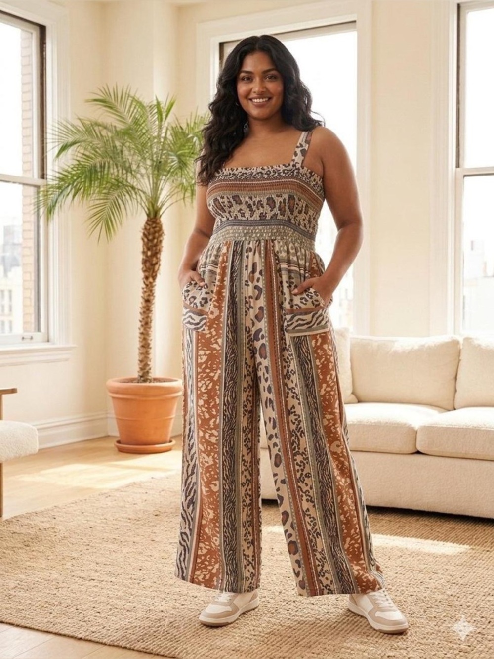 BUCKETLIST Brown & Cream Patterned Wide-Leg Jumpsuit